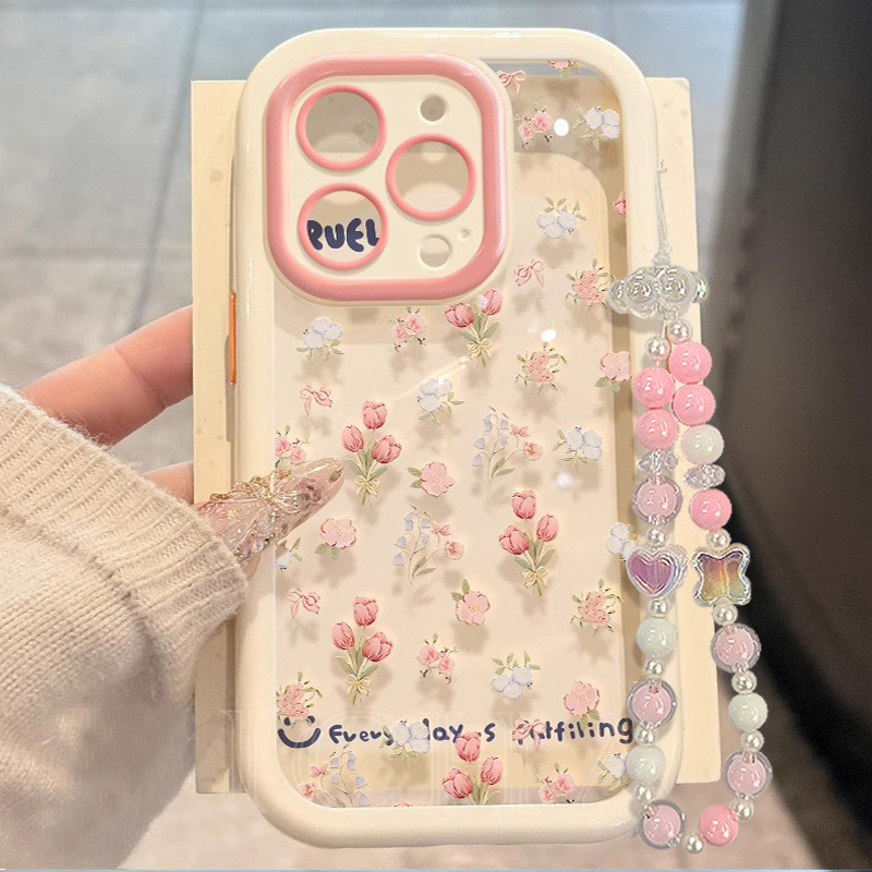 [ลายดอกไม้เต็มหน้าจอ] เหมาะสำหรับเคสโทรศัพท์ Apple 16/15/14/13/12/11 Pro Max สีครีม ลายช่อดอกไม้สดใหม่ ป้องกันการตกหล่น สายคล้องมือเรียบง่าย