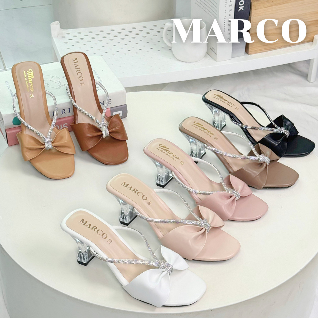รองเท้าแฟชั่น แบรน์ด Marco รุ่น B1031 ส้นแก้วสูง 2 นิ้ว แต่งโบว์สายเพชร