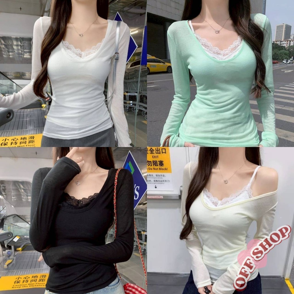 OFF SHOP 🥻ใหม่ 2025 สายเดี่ยว/เสื้อแขนสัน คอวี ซีทรู สีพื้นยืดพอดี เสื้อแฟชั่นผู้หญิง' FY5513/FY5515