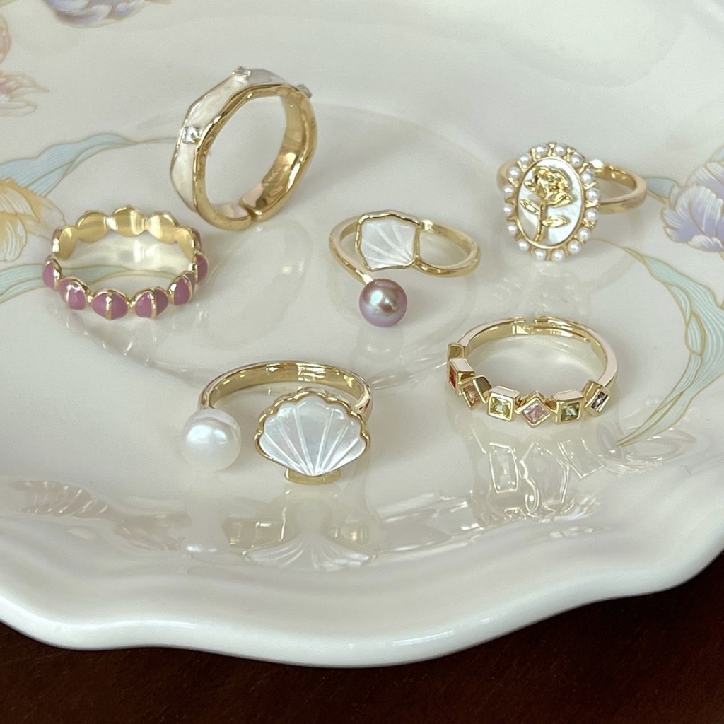 LANXIU แหวนเปลือกหอยมุกย้อนยุค เครื่องประดับปรับได้ สำหรับเทศกาลและของขวัญ