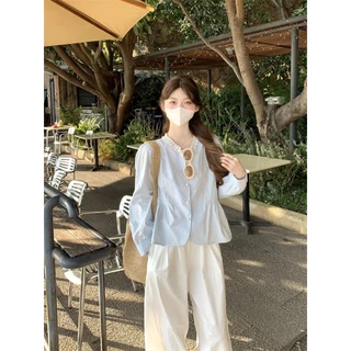 Chili Koko เสื้อลูกไม้คอกลมหลวมๆ แฟชั่นเกาหลี กันแดดคาดิเเกน เสื้อเชิ้ตแขนยาวระบายสีฟ้า เอวจีบ W615