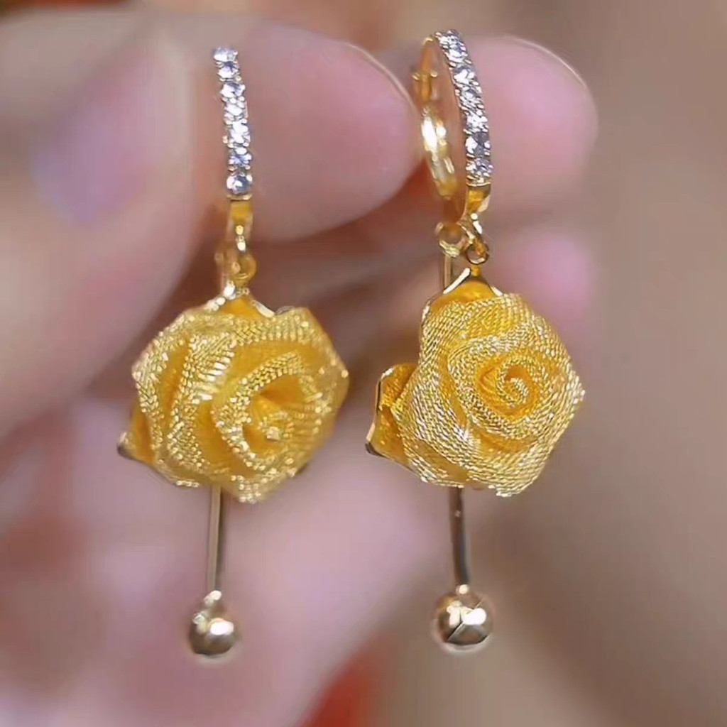 Super Full Diamond Gauze Rose หูหัวเข็มขัดออกแบบหรูหราประณีตอุตสาหกรรมหนักแฟชั่น Classy All-Match ต่างหู