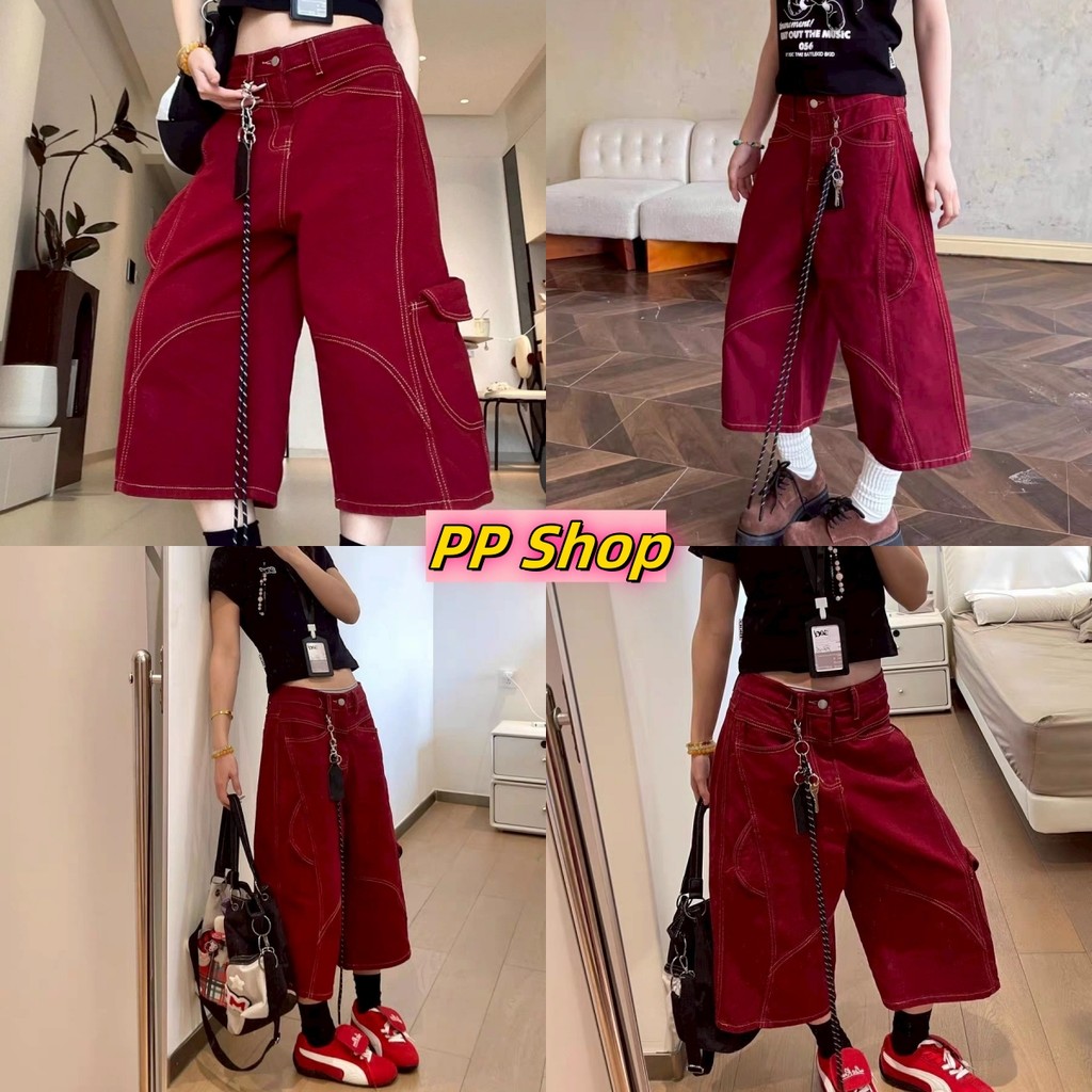 💜PP SHOP💜พร้อมส่ง กางเกงสี่ส่วม กางเกงครอป กางเกงลําลอง กางเกงทรงกระบอก เอวกลาง สีแดงทรงคาโก้ ใส่สบา
