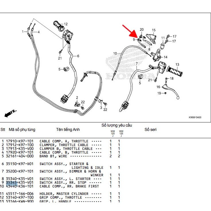 PCX ซ้าย STOP WIRE 2015 > 2020 (SHAPED NO. 9) ของแท้ _ 35345K35V01