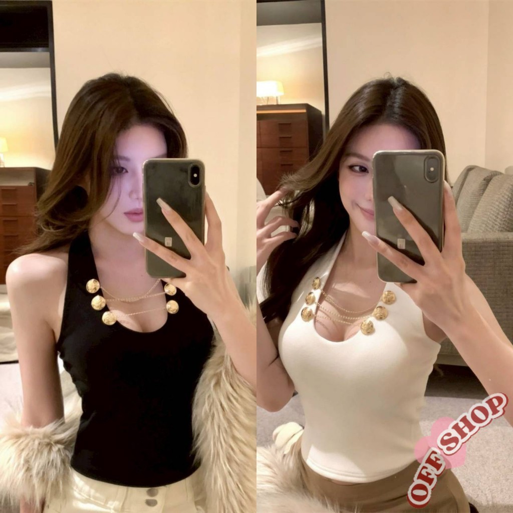 OFF SHOP 🥻ใหม่ 2025 เสื้อคล้องคอ สีขาวดำ แต่งดีเทลเรียบหรู มีฟองน้ำ ทำให้หน้าอกของคุณดูดี ' FY817