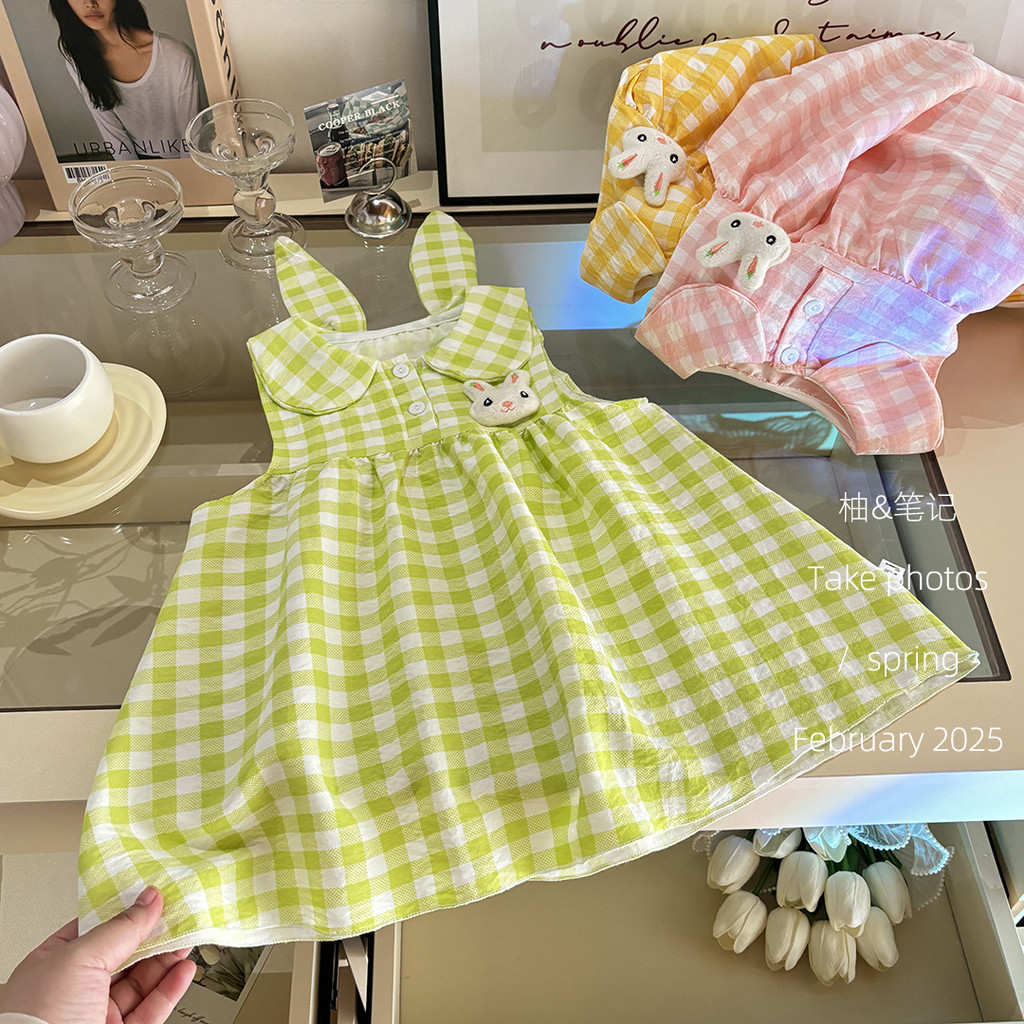 [มล] 80-140ซม สาวตุ๊กตาปกกระต่ายหูชุดฤดูร้อนน่ารักลายสก๊อตเสื้อกั๊กชุดกระต่ายชุดเจ้าหญิง - รูปที่ 6