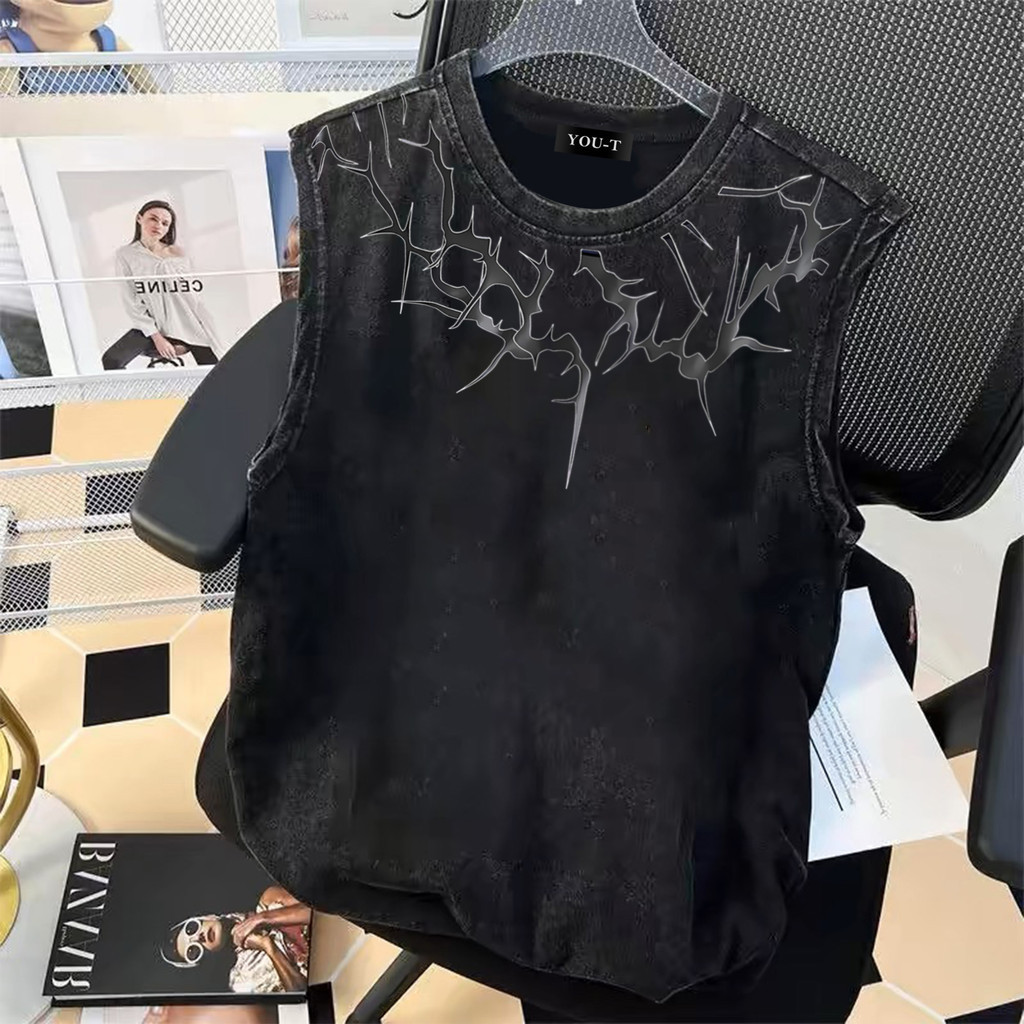 Y-T⚡ เสื้อกั๊กโอเวอร์ไซส์ชาย แขนกุด ผ้าฝ้าย 100% ลาย “Lightning” ผ้าเนื้อนุ่ม OVERSIZE เท่ สไตล์สตรีท