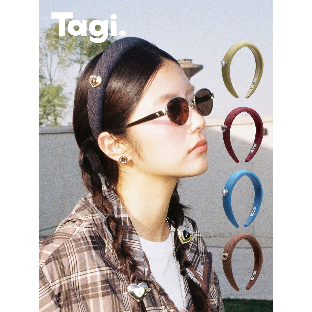 Tagi. Cream Love Headband Vintage Denim Headband High Cranium Top Headband ที่คาดผมลายหัวใจสีครีม