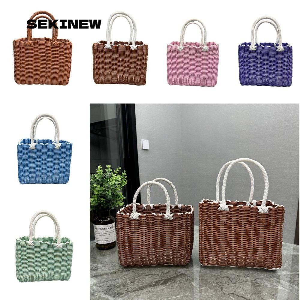 เซคินิว ตะกร้าเก็บของ,หวายเทียมสแควร์แขวนตะกร้า, สร้างสรรค์พร้อมที่จับทอมือพลาสติกทอกระเป๋าถือตกแต่งบ้าน
