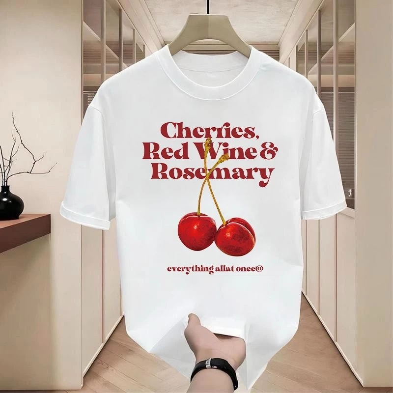 เสื้อยืดคอกลมลายเชอรี่ oversize สวยๆ tshirt women สาวอวบ เสื้อเชอรี่ แขนสั้น เสื้อยืดลายสกรีน
