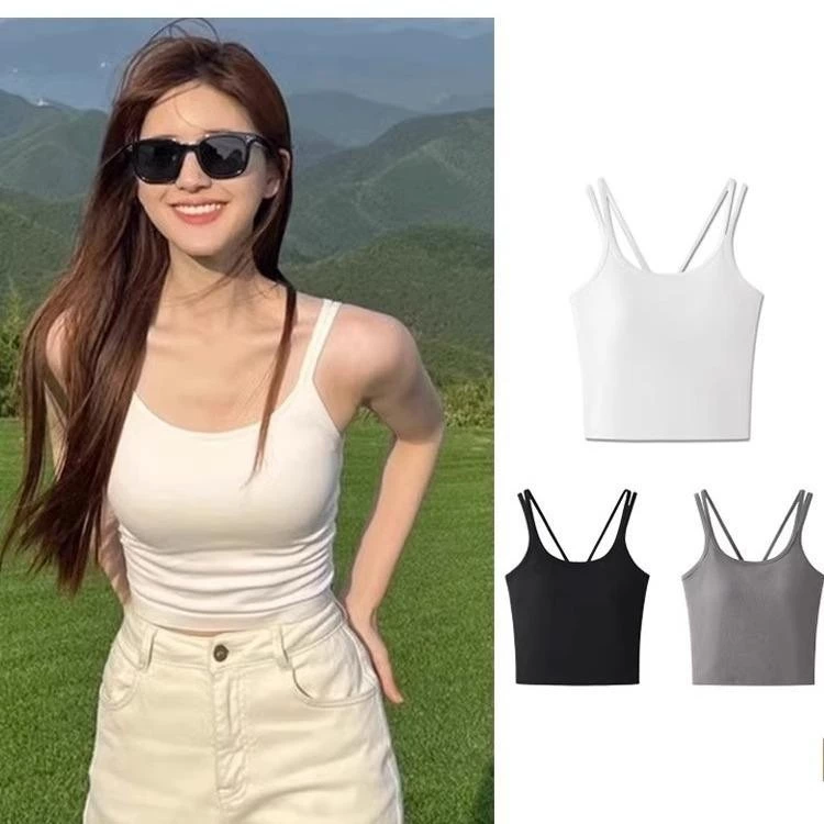 #459 เสื้อครอป ดีเทลสองสาย มีฟองน้ำในตัว สไตล์เกาหลี สุดน่ารัก สีพื้น ยกกระชับหน้าอก