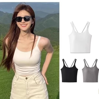 #459 เสื้อครอป ดีเทลสองสาย มีฟองน้ำในตัว สไตล์เกาหลี สุดน่ารัก สีพื้น ยกกระชับหน้าอก