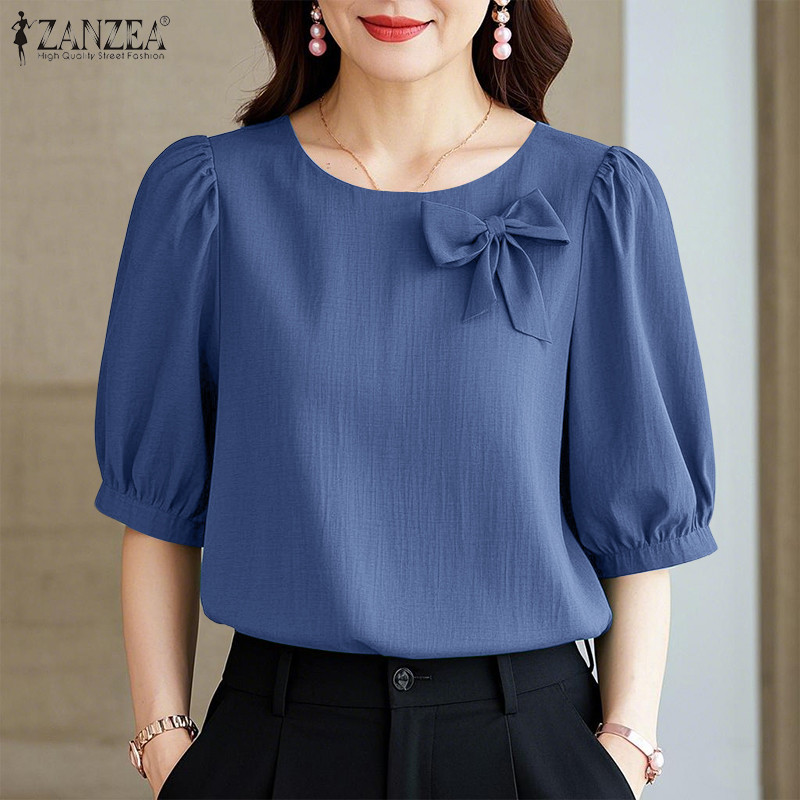ZANZEA เสื้อเบลาส์คอกลมแขนพัฟแขนกลางหรูหราเกาหลีสําหรับผู้หญิง — صورة 6