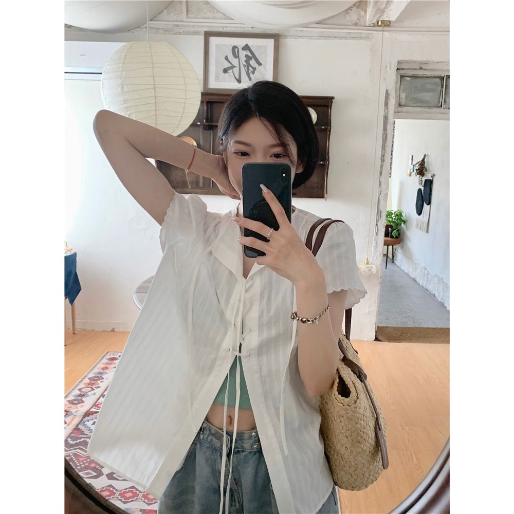 Veewink พร้อมส่งจากกทม เสื้อลําลองเสื้อเย็บผ้าด้านหน้าผูกธรรมดาสําหรับผู้หญิง สวย น่ารัก ใส่แล้วหุ่นสวย - รูปที่ 7