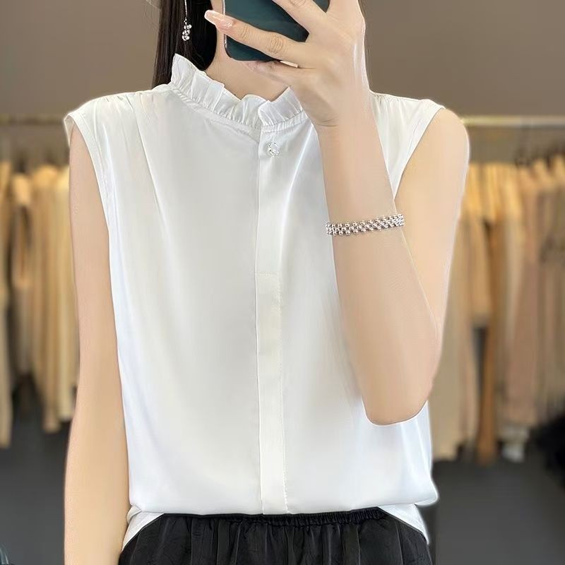 เสื้อฝรั่งเศสแขนกุดด้านบนอารมณ์มืออาชีพสวมใส่คอสูงเสื้อกั๊ก จุดต่ําสุด