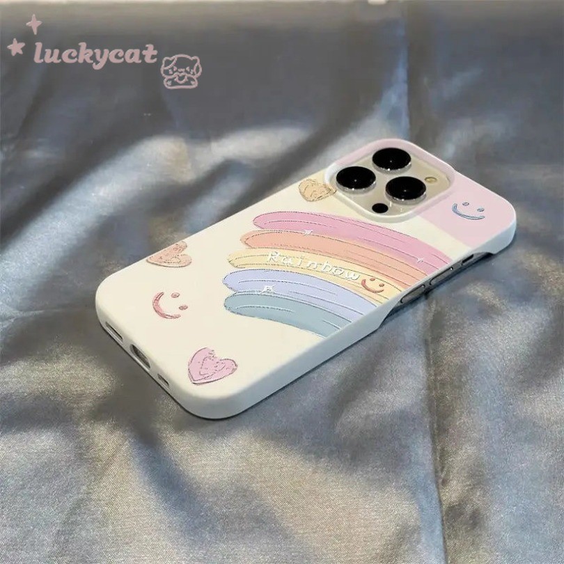 เข้ากันได้กับ iPhone 16 15 14 13 12 11 Pro Max X Xr Xs Max 7 8 Plus SE2020 เคสโทรศัพท์น่ารักภาพวาดสีน้ํามันสด Rainbow Smile Soft ฝาหลัง