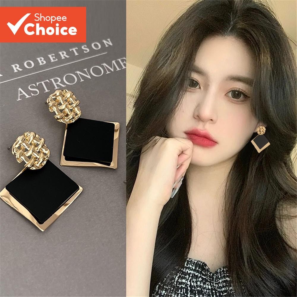 Retro สีดําสแควร์เลื่อม Studs ผู้หญิงต่างหู Niche Design High-end Luxury Earings เครื่องประดับ