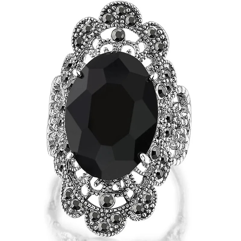 925 เงินสเตอร์ลิงขนาดใหญ่รูปไข่สีดําแหวนอะคริลิค Hollow Design Punk อุปกรณ์เสริมสําหรับผู้หญิง Hyperbole แหวน Hip Hop สวมใส่ทุกวัน Party เครื่องประดับ