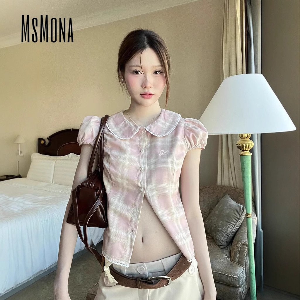 นางสาว ผู้หญิงของแท้2025เสื้อแฟชั่นแขนพองสแควร์คอปุ่มลายสก๊อตสลิมฟิตหวานวิทยาลัย