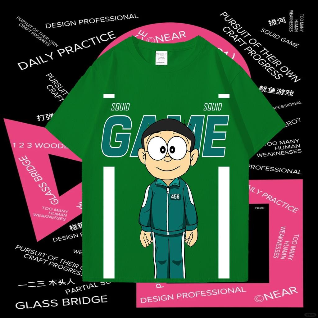 HOT Squid Game 2 เสื้อยืด Squid Game2 & Nobi Nobita แฟชั่นผ้าฝ้าย Tshirt คอกลม Unisex