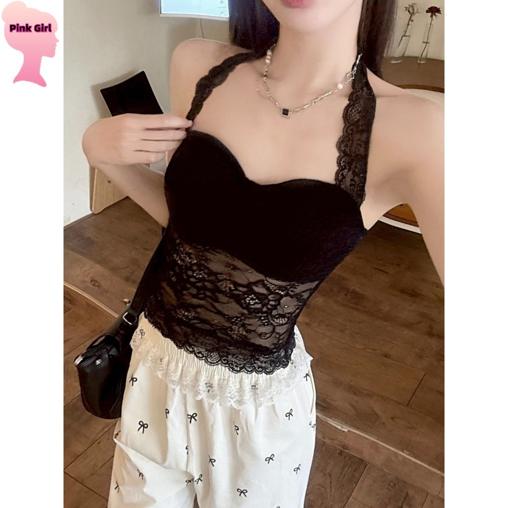 💋Pink girl💋​พร้อมส่ง เสื้อคล้องคอ มีฟองน้ำ ดีเทลลูกไม้ สีพื้น ' FY2255 - รูปที่ 2