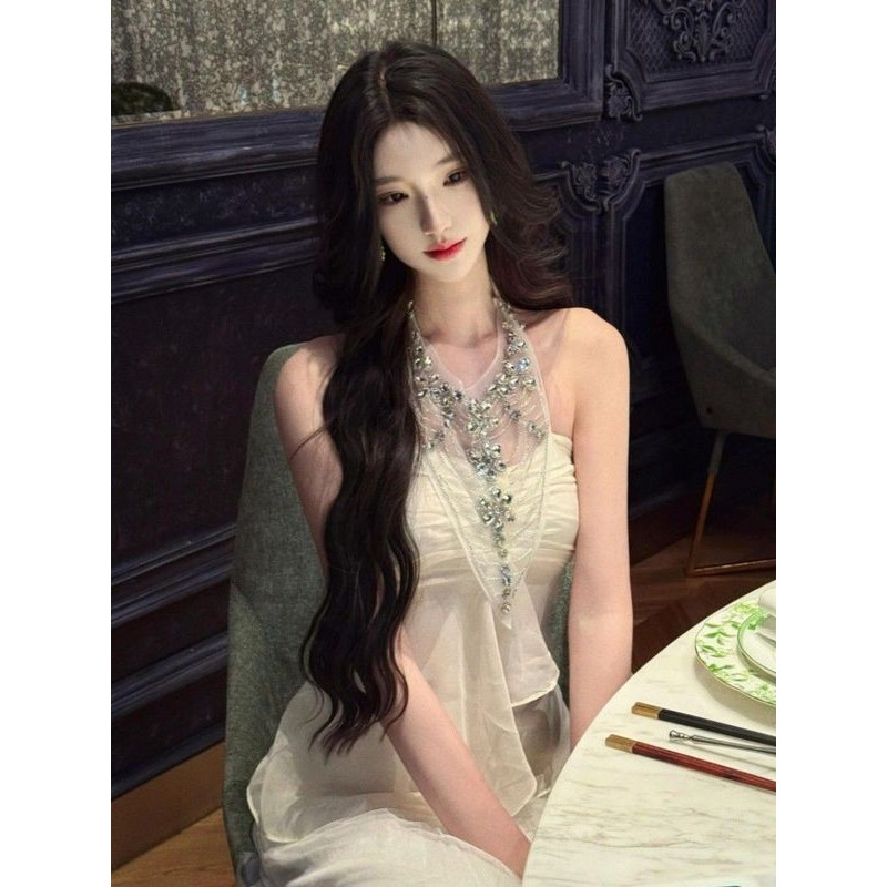 Xyzkuli เพชร Halterneck Tube Top เสื้อแขนกุดสำหรับผู้หญิงฤดูร้อน สวมใส่ได้นอก Pure Desire เซ็กซี่ อารมณ์คนดังชีฟองด้านบน