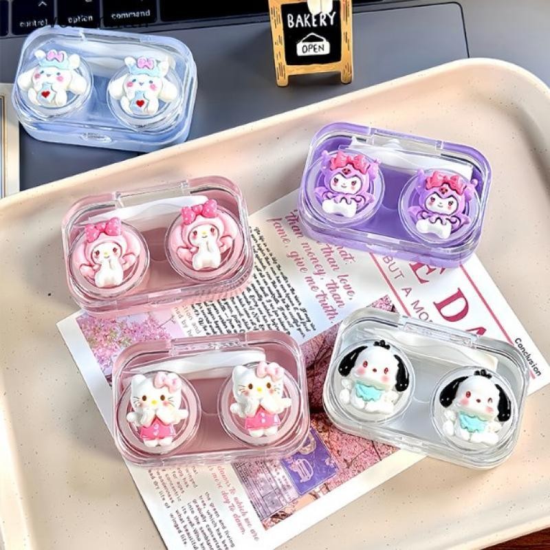 ULO 1 ชุด Kawaii การ์ตูน Sanrio 3D ตกแต่งคอนแทคเลนส์กล่องสแควร์คอนแทคเลนส์ Companion กล่องกล่องเก็บส