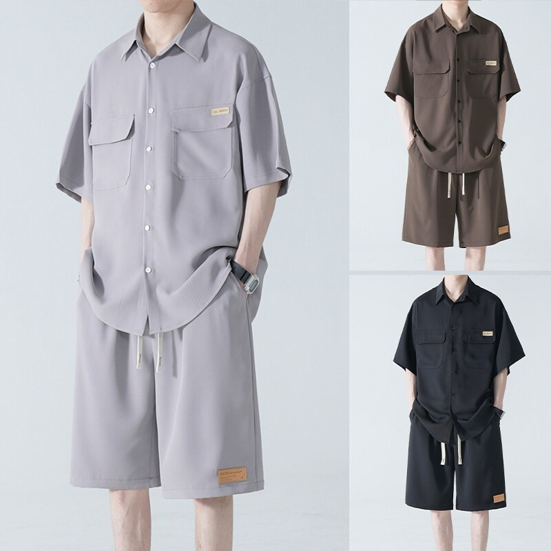 EERSHENSHI ชุดเสื้อเชิ้ตแขนสั้นและกางเกงขาสั้นผ้าไหมน้ำแข็งเย็นสำหรับสวมใส่ในช่วงฤดูร้อน