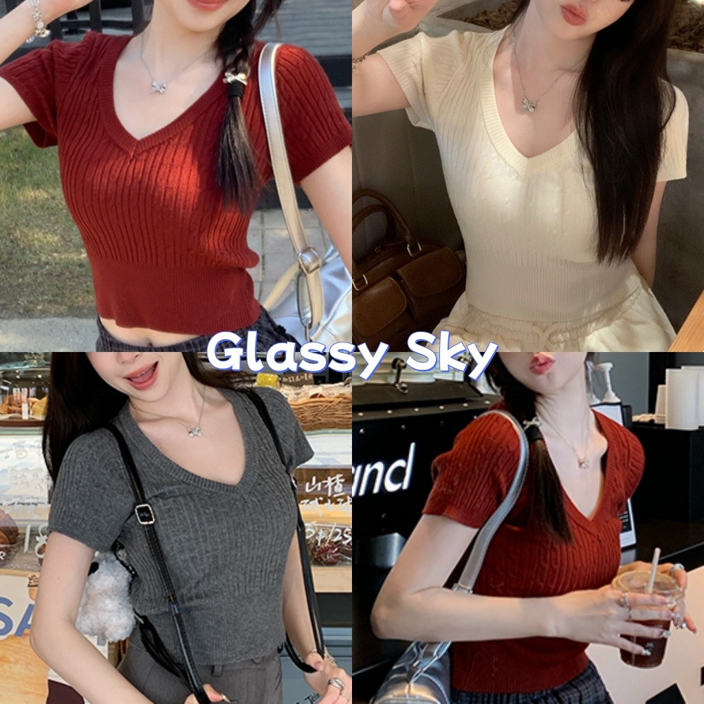 Glassy Sky💖พร้อมส่ง💖 เสื้อคอวีไหมพรม แขนสั้นครอป สีพื้น ใส่สบาย ยืดพอดีใส่ง่าย (W-G013)
