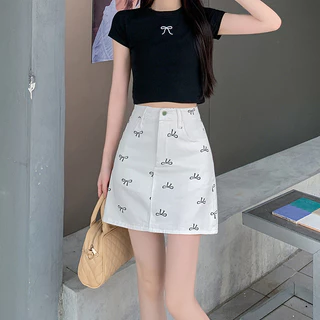 Laterme S-6XL กระโปรงยีนส์สั้น ลายโบว์สุดฮิต