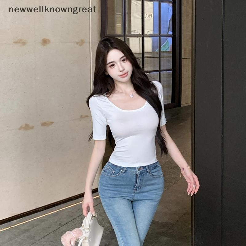 Newwellknowngreat U-คอสั้นแขนไหล่ตรง Bottoming เสื้อ All-Match ครึ่งแขนเสื้อ CAD
