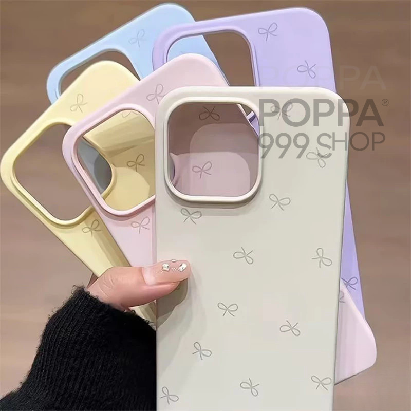 POPPA เคสไอโฟน 15 16 สำหรับ IPhone 8 7 Plus XR 15 11 16 13 12 14 Pro Max XS X Max เคสหนังเนื้อนุ่มสีขาวผูกโบว์น่ารัก