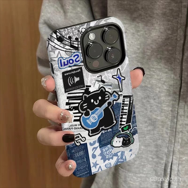 การ์ตูนการ์ตูน Retro กีตาร์แมวดําซิลิโคนเคสโทรศัพท์เหมาะสําหรับ iPhone 15promax 14promax 11 12 13 14 15 16 pro max xr xsmax xs 8plus 11pro 12pro Shock-proof Two-in-One กรณี