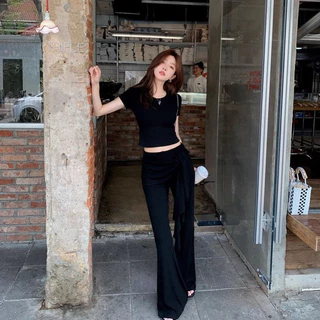 เสื้อครอปเอวลอย สีดำ แขนสั้น กางเกงเอวยางยืดขาม้า แต่งชายผ้ายาวพันรอบเอว ผ้าโพลิเอสเตอร์ เซ็ต2ชิ้น #2101