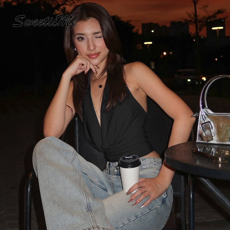 SweeticMe ผู้หญิง 2025 ใหม่แฟชั่นเซ็กซี่คอวีลึกสีทึบ Street All Match Halter เสื้อกล้าม ราคา ถูกที่สุด ดีลบีเคเค แกลเลอรีภาพที่ 6