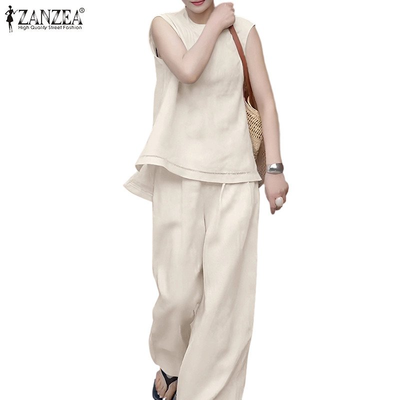 ZANZEA ซานเซีย แฟชั่นสตรีลําลองรอบคอแขนกุดด้านหน้าสั้นกลับเสื้อกั๊กยาว + เอวสูงยางเอวกางเกงขากว้างชุด