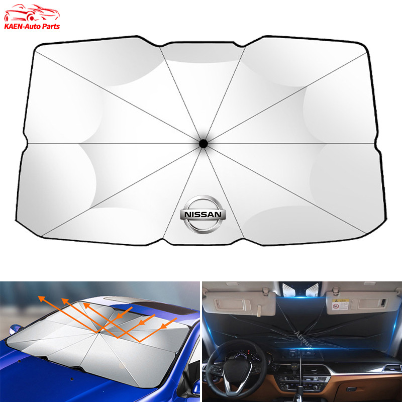 ร่มบังแดดหน้ารถ สำหรับ Nissan ผ้าบังแดด ร่มกันแดดในรถ ที่บังแดดในรถยนต์ สะท้อนแสงแดด กัน UV แถมกระเป๋าหนัง Nissan Juke March Kicks Almera Serena C28 Terra Navara nismo Xtrail Teana Note Leaf Sylphy