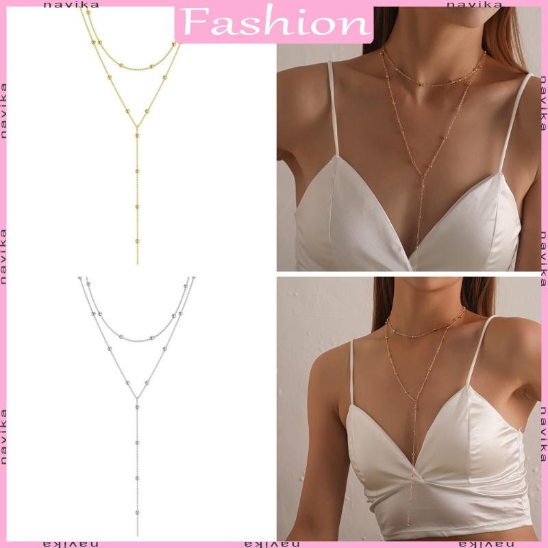 NAV Elegant Geometric Tassels Layered สร้อยคอ Charming Gold Silver Bead สร้อยคอพู่สําหรับ Casual และ