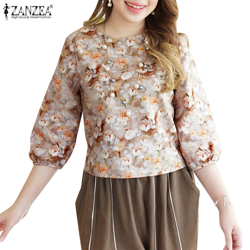 ZANZEA ซานเซีย ผู้หญิงเกาหลีแฟชั่นรอบคอ 3/4 แขนโคมไฟดอกไม้พิมพ์เสื้อ