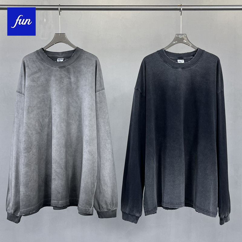 ล้างเสื้อยืดแขนยาวผ้าฝ้ายแท้ 275G กลับด้านล่างสีทอดสกปรกย้อมด้อยกลัวอเมริกัน High Street หลวม oversize Top
