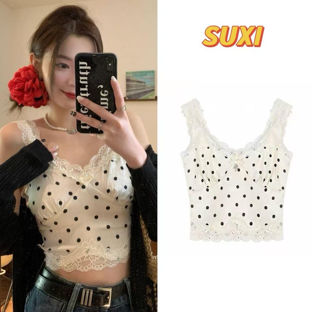ผู้หญิงฤดูร้อนหวาน ลูกไม้เย็บ polka dot เสื้อยืดลายจุดสีขาวสำหรับผู้หญิง เสื้อกั๊กภาษาฝรั่งเศสคำหวาน#Y775