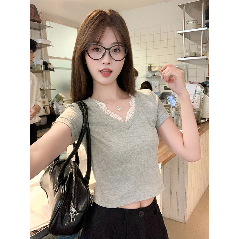 TAYCEN M-2XL เสื้อครอป คอกลม เสื้อยืด เกาหลี ผู้หญิง เสื้อ