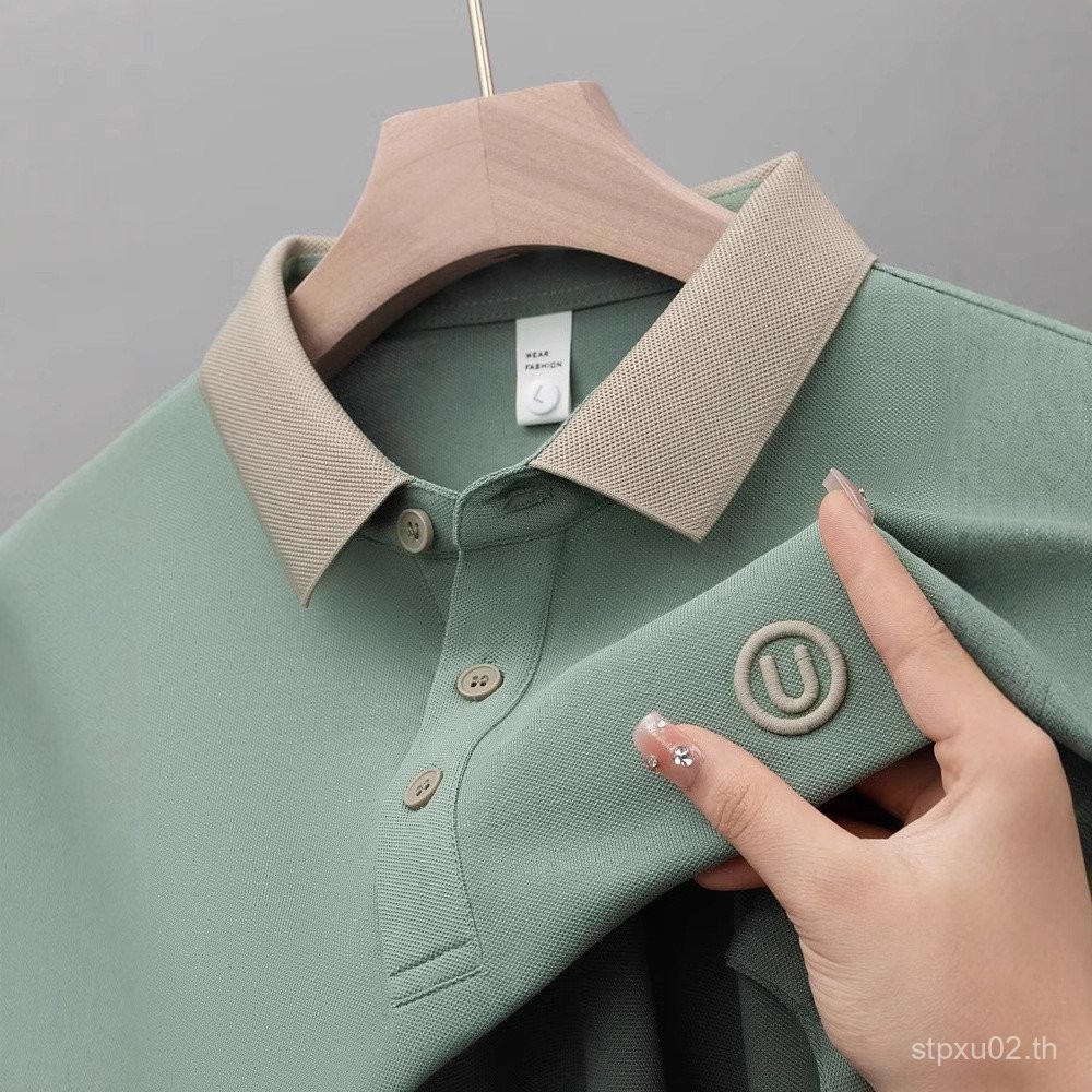 โปโล เสื้อยืดแขนสั้นผู้ชาย สบายๆ หรูหราเบาๆ ธุรกิจ ฤดูร้อน ใหม่ คอปกพับ ปักลาย เสื้อครึ่งแขน สไตล์พ่