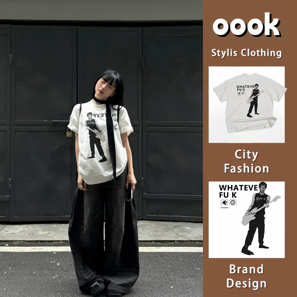 COD✅(จัดส่งตลอด 24 ชั่วโมง）OOOK Official เสื้อยืดแขนสั้นคอกลมลายพิมพ์มือกีตาร์สไตล์อเมริกันย้อนยุค เหมาะสำหรับผู้หญิง