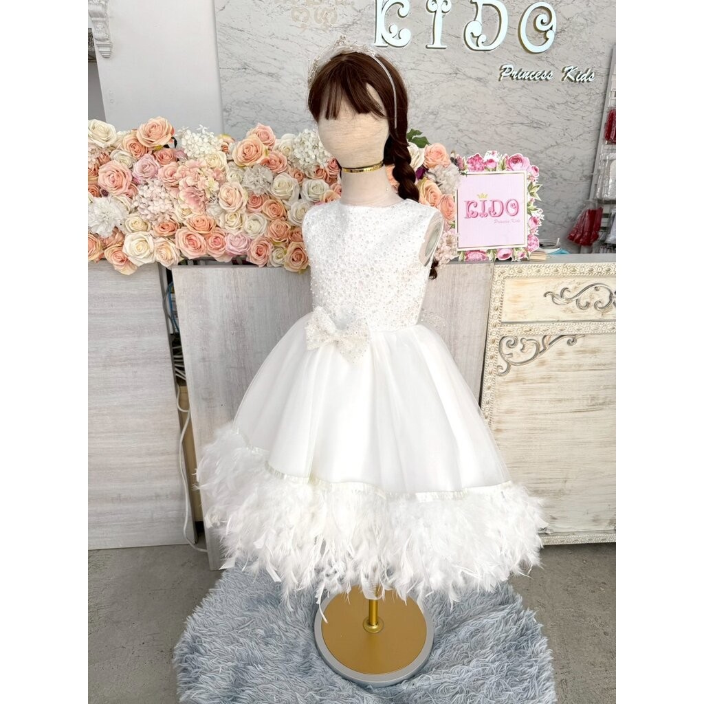 Kidoprincesskids ชุดออกงานเด็ก (ร้านอยู่รัชดา)ชุดราตรีเด็ก W19161 สีขาว กระโปรงหน้าสั้นหลังยาว (ไม่มีโบว์ติด) แต่งขนน...