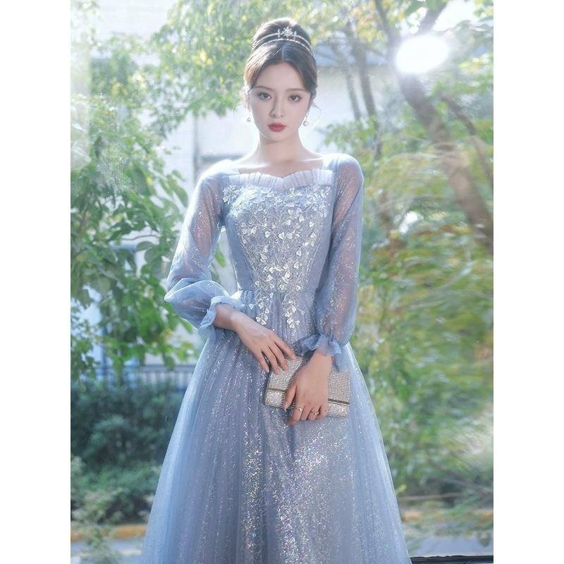 (ไซส์ L) Clearance Blue Sequined Dress ผู้หญิงชุดเพื่อนเจ้าสาวแขนยาว Midi Slim Dress Lady Super Beau