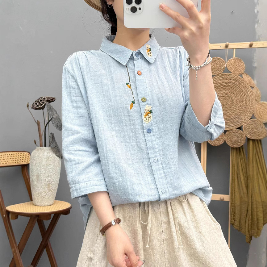 เสื้อเชิ้ตผ้าฝ้าย 100% สุภาพสตรีญี่ปุ่นฤดูร้อนเสื้อผ้าสตรีประณีตปักปกผ้ากอซสองชั้นกลางแขนเสื้อผู้หญิงผ้าฝ้าย