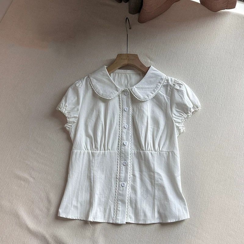 LINNA~ขอบลูกไม้ สีทึบ แขนสั้น เสื้อเชิ้ต เวอร์ชั่นเกาหลี สไตล์ใหม่