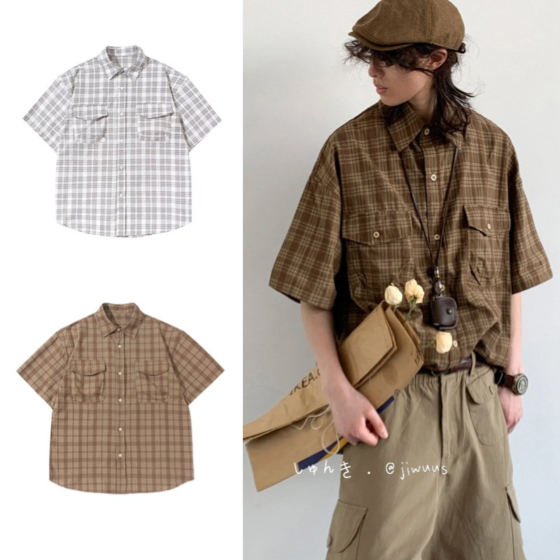 Suikone เสื้อเชิ้ตแขนสั้นลายสก๊อตย้อนยุคญี่ปุ่นฤดูร้อนผู้ชายและผู้หญิงเสื้อเชิ้ตหลวม
