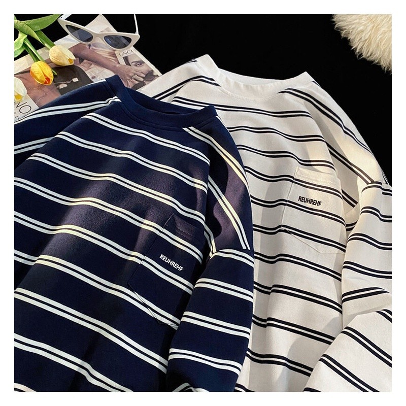 56MEN T-Shirt 40362 เสื้อยืดแขนยาว คอกลม ลายแถบเส้นเล็ก ผ้าโพลีเอสเตอร์ผสมคอตตอล ใส่สบาย